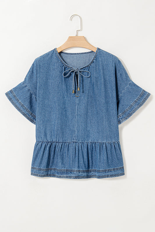 Denim Peplum Top with Ruffled Sleeves