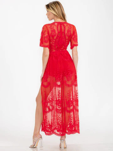red maxi romper dress Altar'd State | Ronnie Flowy Satin Romper | CHERRY-RED | Material: 80% Cotton, 20% Polyester
